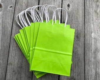 100 Pack Citrus Green on White Kraft Gift Bags/Wedding Welcome Bags/Green/8"x4"x10"