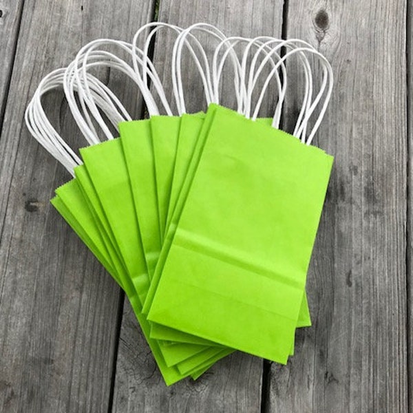 20 Pack Citrus Green on White Kraft Gift Bags/Wedding Welcome Bags/Green/5.5"x3.25"x8"