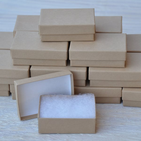 20 Gift Jewelry Boxes 3x 2.25x1 Kraft / Natural Brown Retail Presentation with Cotton Fill Size 32