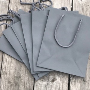 May include: A stack of six gray paper gift bags with handles. The bags are folded and stacked on top of each other.
