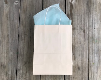 50 Pack Ivory on White Kraft Gift Bags/Wedding Welcome Bags/ 8"x4"x10"/French Vanilla Gift Bags