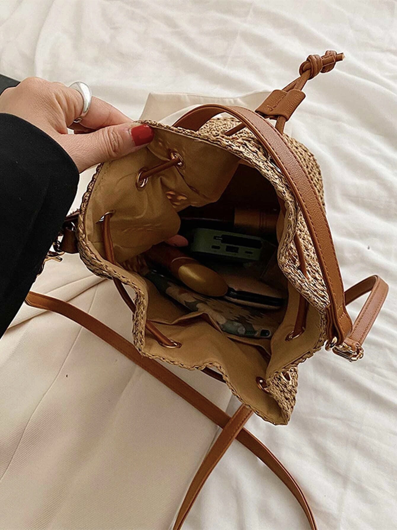 Minimalist Drawstring Straw Bagsummer Beach Straw Bagswoven Etsy