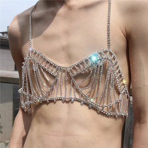 Women Rhinestone Crystal Bralette tassel bra jewelry body chain party  Customes G