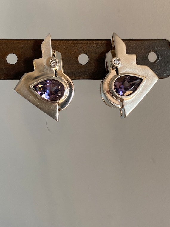 Modernist Signed Amethyst and White Topaz Pierced 