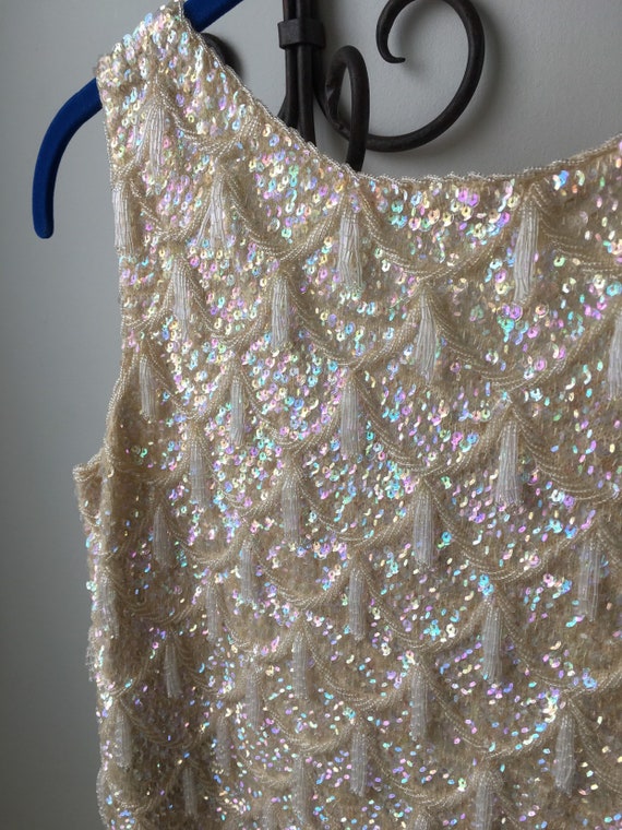 Beaded and sequined cream wool tank top sweater v… - image 7