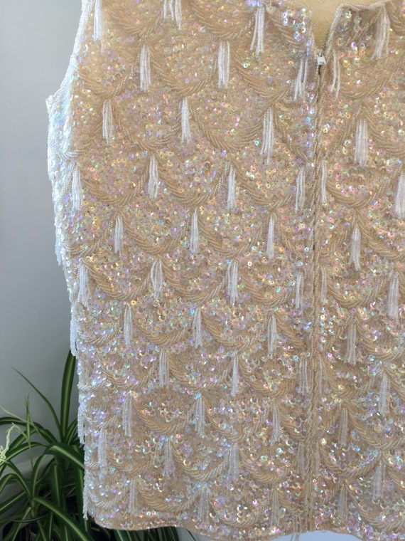 Beaded and sequined cream wool tank top sweater v… - image 6