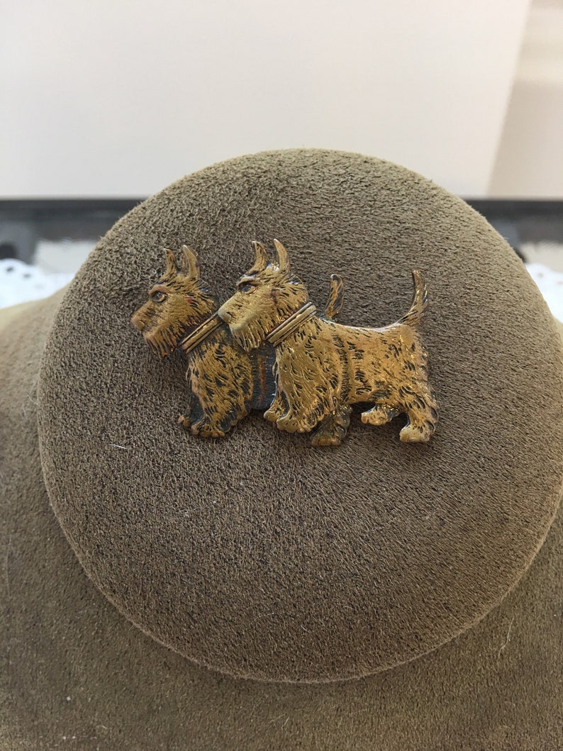 Brass Scottie dogs pin vintage 1940