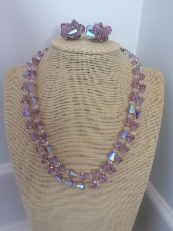 Lilac crystal necklace and clip on earrings 1950