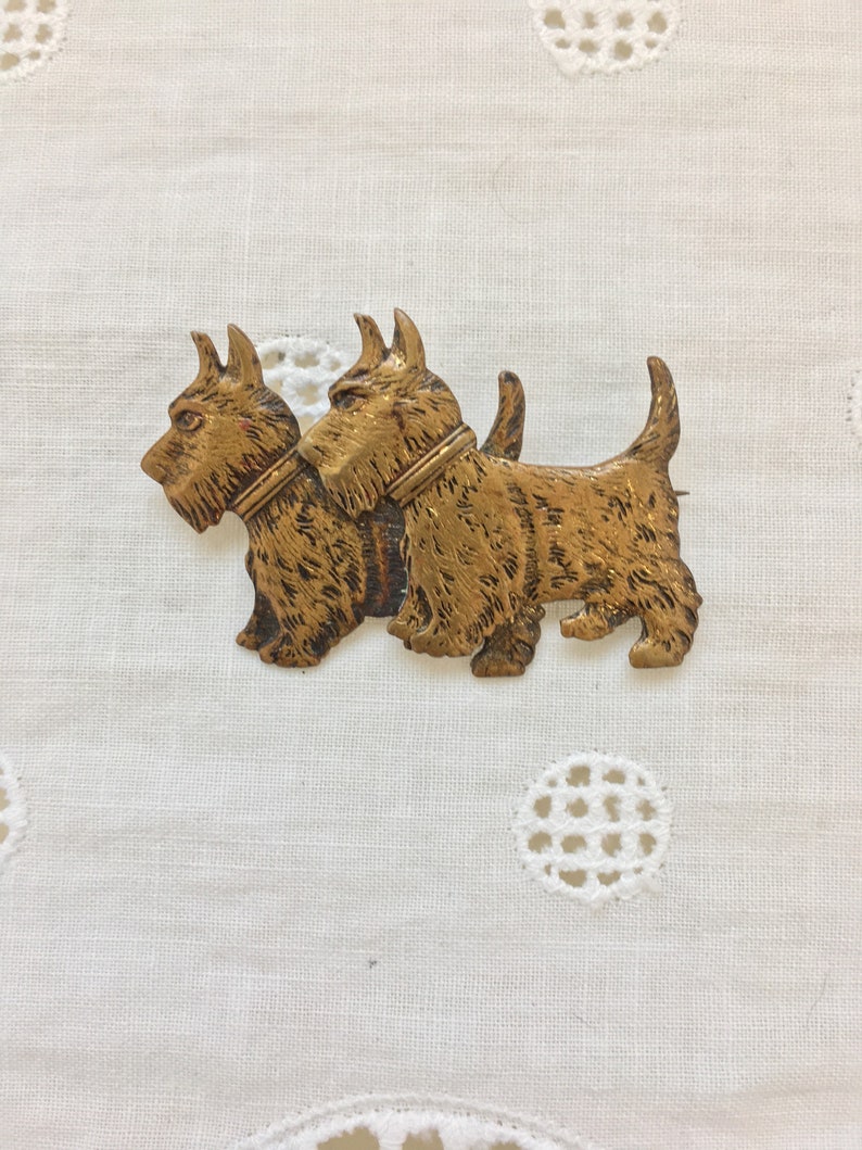 Brass Scottie dogs pin vintage 1940