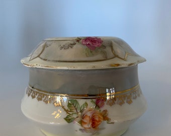 Hair Receiver Vanity Accessory Victorian German Porcelain With Roses