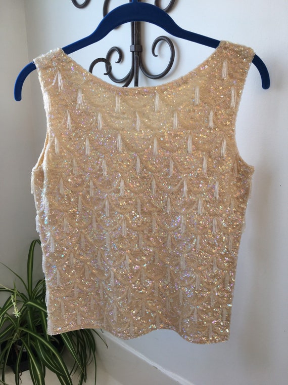 Beaded and sequined cream wool tank top sweater v… - image 8