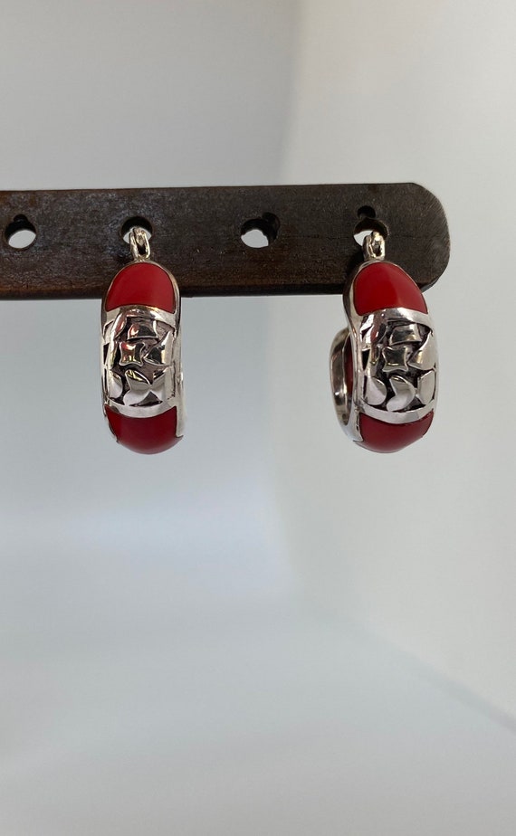 Red Coral Inlaid Sterling Silver Hoop Earrings