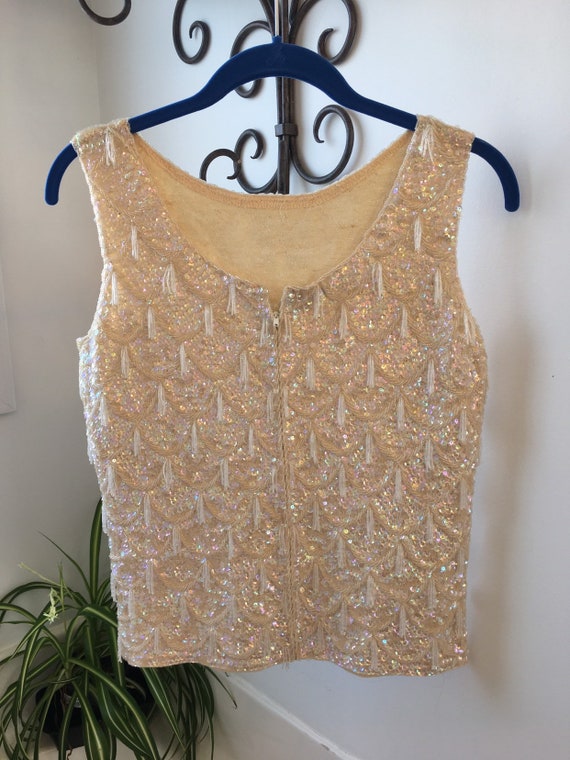 Beaded and sequined cream wool tank top sweater v… - image 3