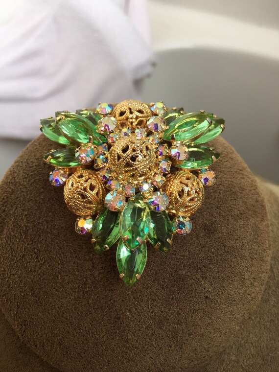 Green crystal with gold brocade triangle brooch