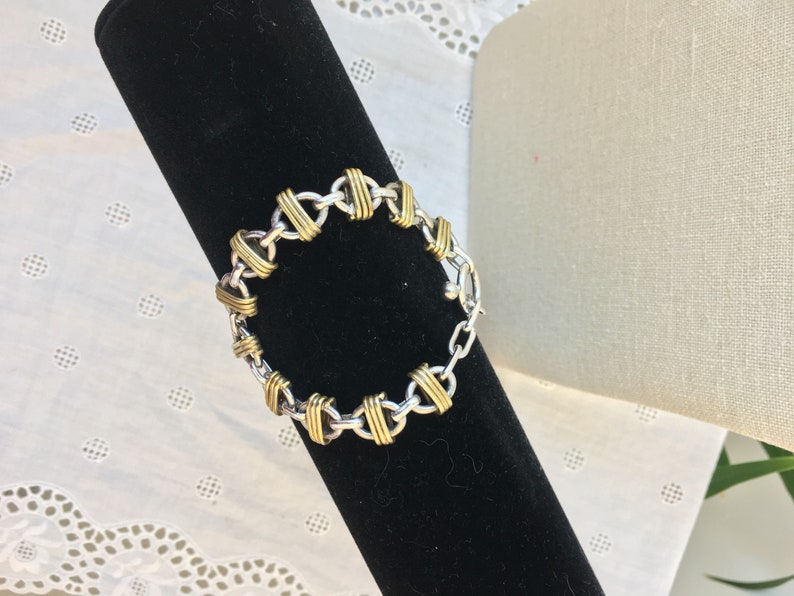 Vintage silver chain link bracelet with gold plated wrapped links
