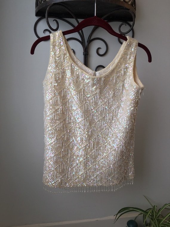 Beaded and sequined cream colored lined wool tank