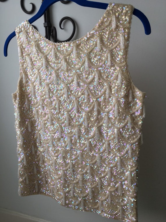 Beaded and sequined cream wool tank top sweater v… - image 9