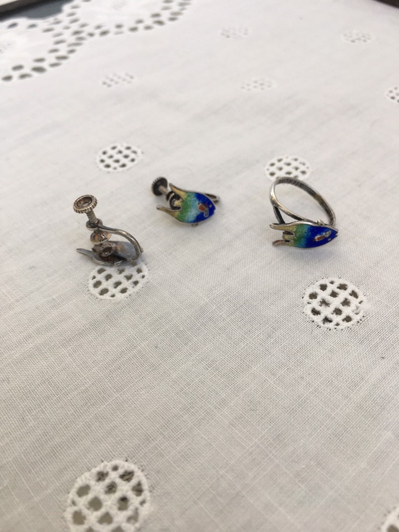 Set of Sterling Silver enameled Angelfish jewelry