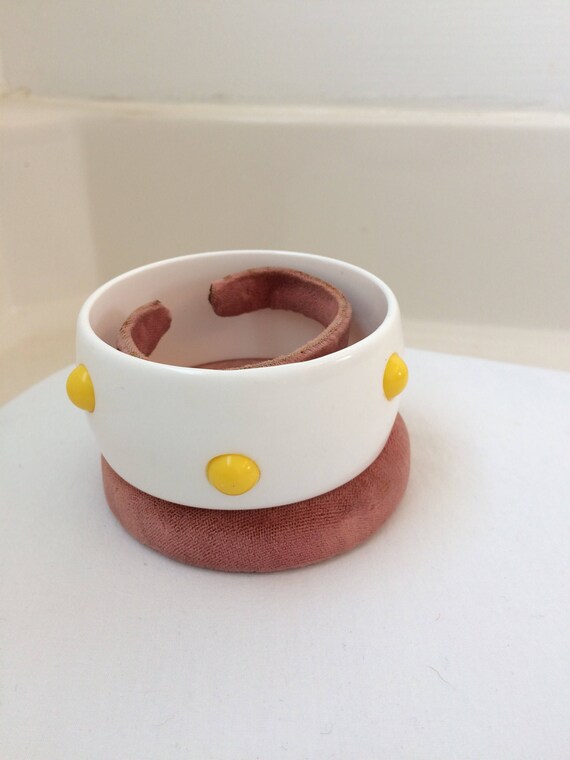 1960 white lucite cuff bracelet with yellow studs
