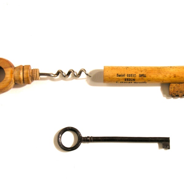 French Wood Key Like Corkscrew - Wooden Wine Opener - Rustic French Corkscrew - Collectible Corkscrew - Mid Century Vintage Bottle Opener