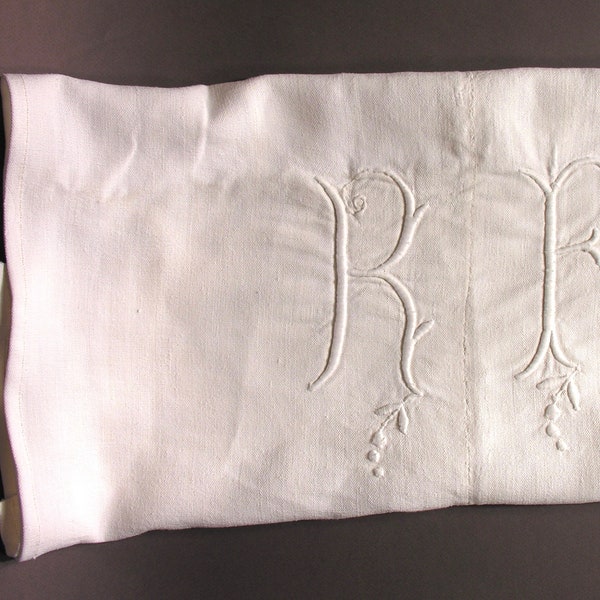 Pair Linen French Dish Cloth / Romantic Monogram Dish Cloth / White French Kitchen Linen / Collectible Antique French Linen with Embroidery