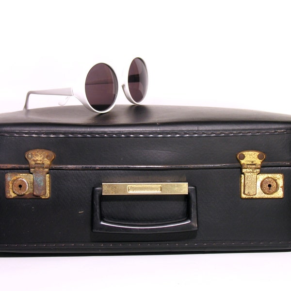 French Little Black Suitcase-Cardboard Suitcase-Vintage Storage Luggage-Made in France-1950-Industrial Home Decor-Collectible