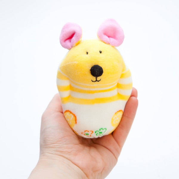 Mouse Sock Toy - Stuffed Animal Doll, Small Personalized Gift for Babies, Kids or Women, Soft and Handmade, Yellow