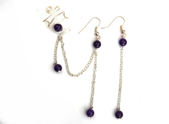 Sterling Silver Left Right Long Dangle Purple Amethyst Briolette Ear Cuff Wrap Set
