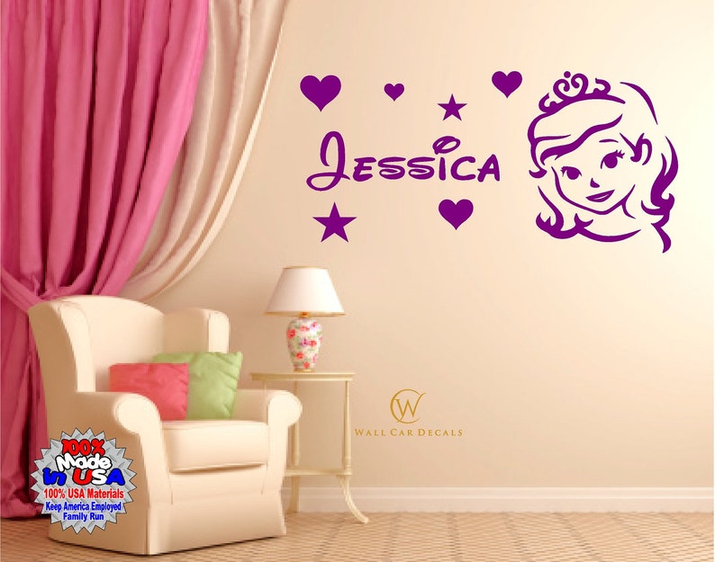 Sofia Decal Custom Disney Princess Vinyl Sticker Childs Name Wall Door Quote Mirror Playroom Kid Nursery Bedroom Home Decor Stars Hearts