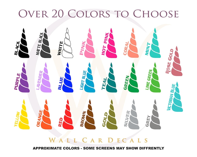 May include: Over 20 color options for unicorn horn wall decals. Colors include black, white, purple, pink, teal, green, yellow, orange, red, brown, gold, silver, grey, and more.