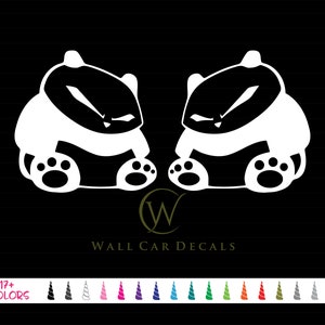 May include: Two black and white panda bear silhouette decals with angry expressions. The decals are facing each other and are in a sitting position. The decals are on a black background. Wall Car Decals is printed below the decals.