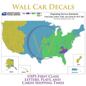 May include: A map of the United States showing the estimated delivery times for first-class letters, flats, and cards. The map is color-coded to show the number of days it takes for delivery. The map also includes Alaska, Hawaii, Guam, and Puerto Rico.  USPS First Class Letters, Flats, and Cards Shipping Times.