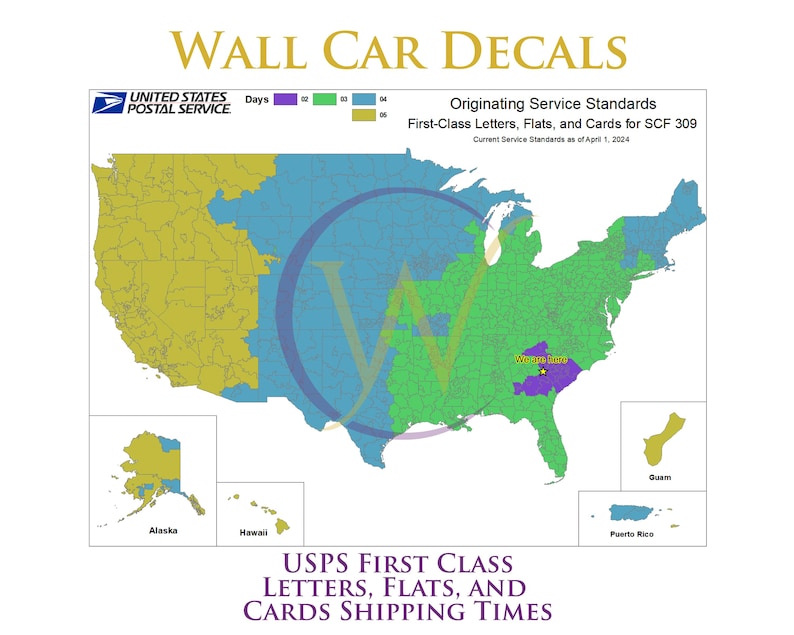May include: A map of the United States showing the estimated delivery times for first-class letters, flats, and cards. The map is color-coded to show the number of days it takes for delivery. The map also includes Alaska, Hawaii, Guam, and Puerto Rico.  USPS First Class Letters, Flats, and Cards Shipping Times.