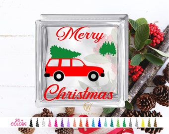 Merry Christmas Decal, DIY Glass Block Decoration Sticker, 6" 8" Holiday Light Shadow Box Decor, Tree Vinyl Lettering Decal, Red Truck Decal