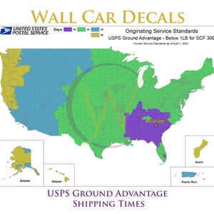 May include: A map of the United States showing delivery times for USPS Ground Advantage, with different colors representing delivery days. The map shows that delivery times vary depending on the location. The text "USPS Ground Advantage - Below 1LB for SCF 309" is at the top of the map. The text "Current Service Standards as of April 1, 2024" is below the title.