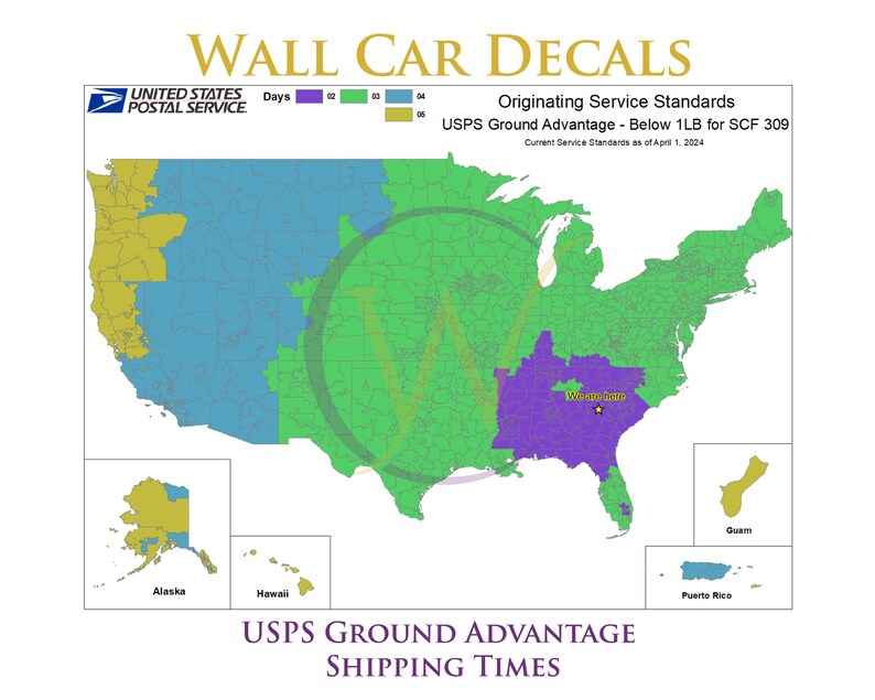 May include: A map of the United States showing delivery times for USPS Ground Advantage, with different colors representing delivery days. The map shows that delivery times vary depending on the location. The text "USPS Ground Advantage - Below 1LB for SCF 309" is at the top of the map. The text "Current Service Standards as of April 1, 2024" is below the title.
