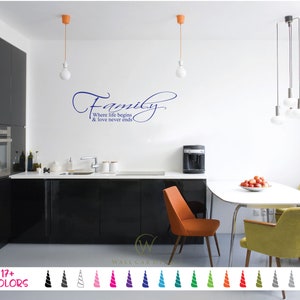 May include: A kitchen scene with a white wall featuring a blue decal that reads "Family, Where life begins & love never ends." The kitchen has black cabinets, a white countertop, and a white table with chairs. The image also shows a coffee maker and hanging lights.
