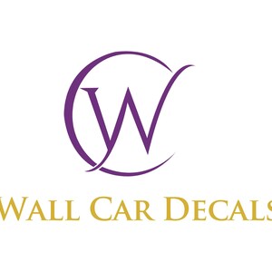 May include: A logo for a business called "Wall Car Decals". The logo features a purple stylized letter "W" inside a circle. The text "Wall Car Decals" is in gold below the circle.