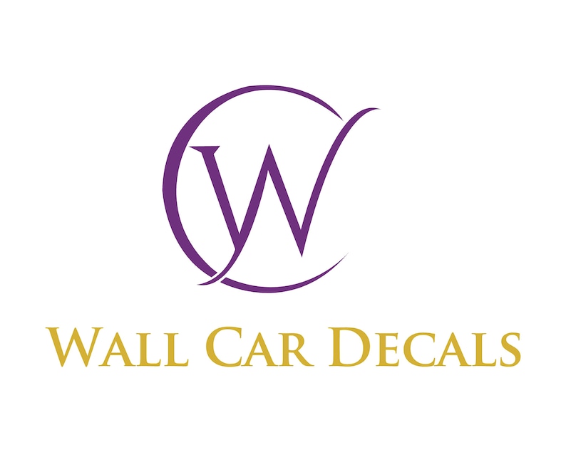 May include: A logo for a business called "Wall Car Decals". The logo features a purple stylized letter "W" inside a circle. The text "Wall Car Decals" is in gold below the circle.