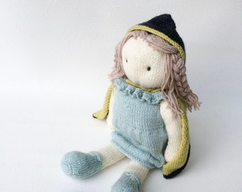 Knitted doll pattern, knitting pattern, softies, hooded doll, gift for girl, do it yourself, knit toy pattern, nursery decor