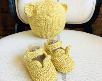 Knitting pattern baby knit clothes baby shower gift, baby knitted set hat and booties digital download, baby bear hat and baby booties PDF