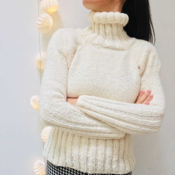 Turtle neck sweater instant download, chunky knit pullover knitting pattern,  hand knitted jumper digital download