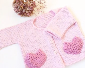 Chunky Knit Baby Cardigan Pattern: Heart Pockets (PDF Digital Download)