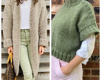 Discount duo soft knitting patterns instant download, hand knitted cardigan and sweater easy pattern, super chunky knit gift for her