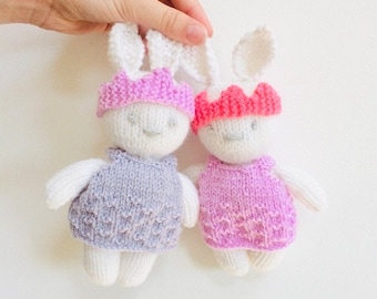 Amigurumi mini bunny pattern, knitted doll pattern, princess bunny, baby shower gift, knitting pattern, softies, knit toy pattern