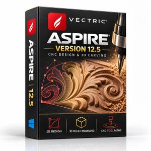 Op de afbeelding: Een zwarte softwaredoos voor Vectric Aspire Version 12.5 CNC-ontwerp en 3D-snijsoftware. De voorkant bevat een rood logo, witte tekst, een 3D-draadmodel van een houtsnijwerk en een CNC-frees die in een houten bloemmotief reliëf snijdt.