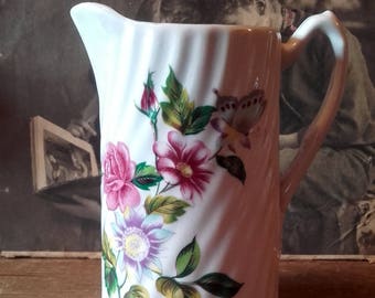 Vintage Butterfly and Roses Floral porcelain Jug Pitcher Vase