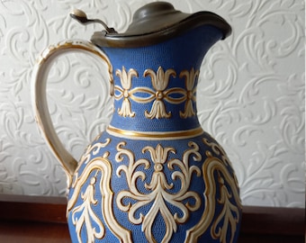 W.B. William Brownfield Cobridge Tyrol blue pewter lidded pottery ceramic jug