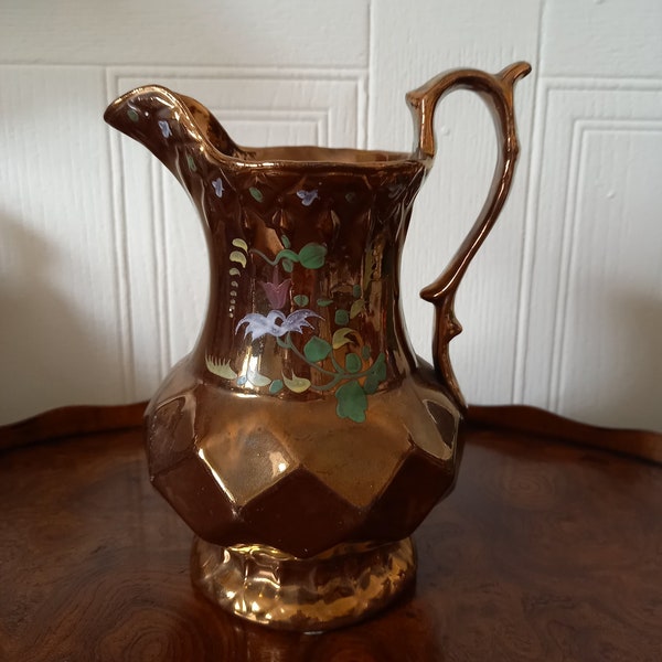 Antique Victorian Allerton Longton Copper ware floral ceramic jug