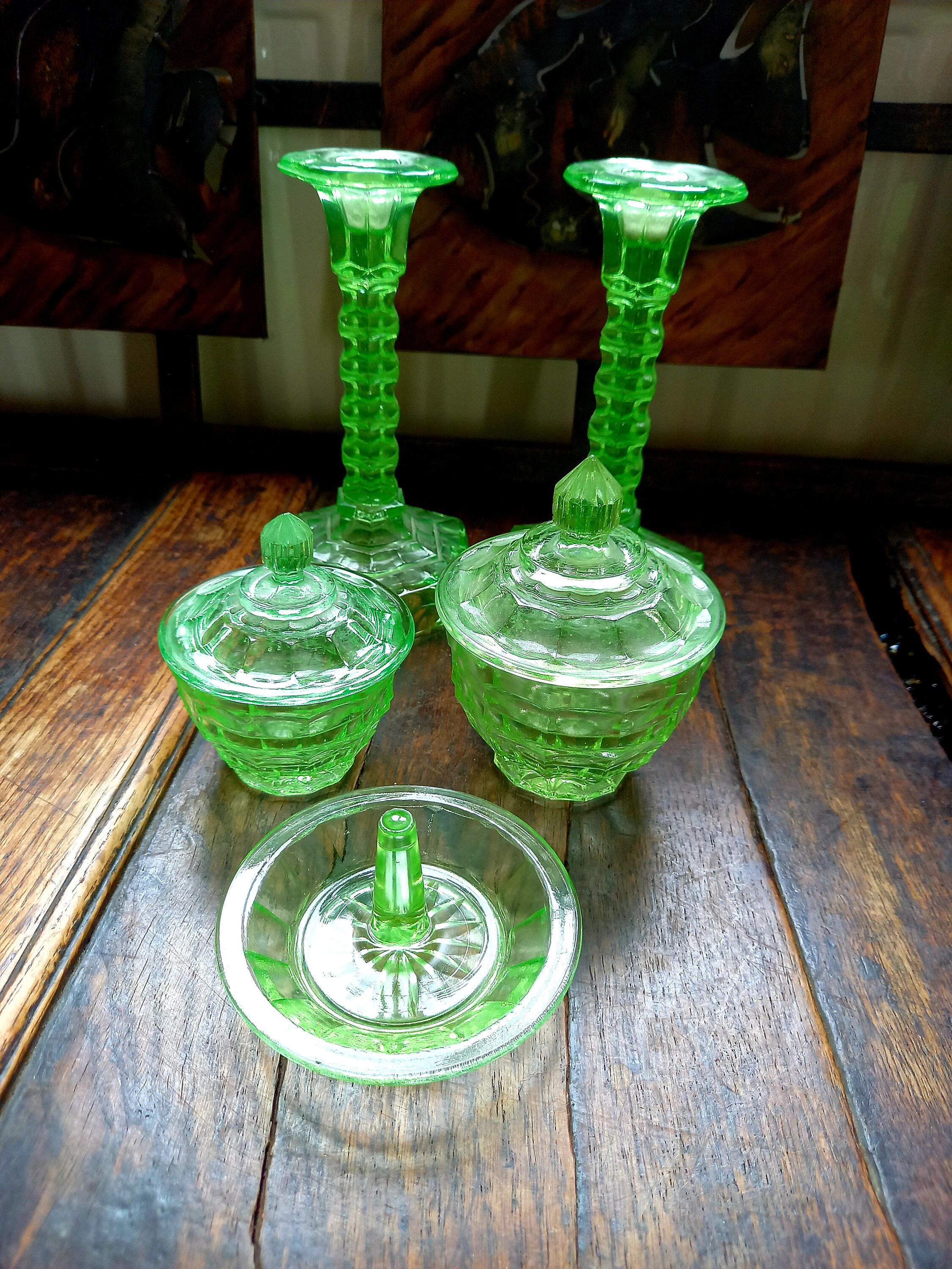 Vintage 30's Art Deco Green glass vanity set Etsy